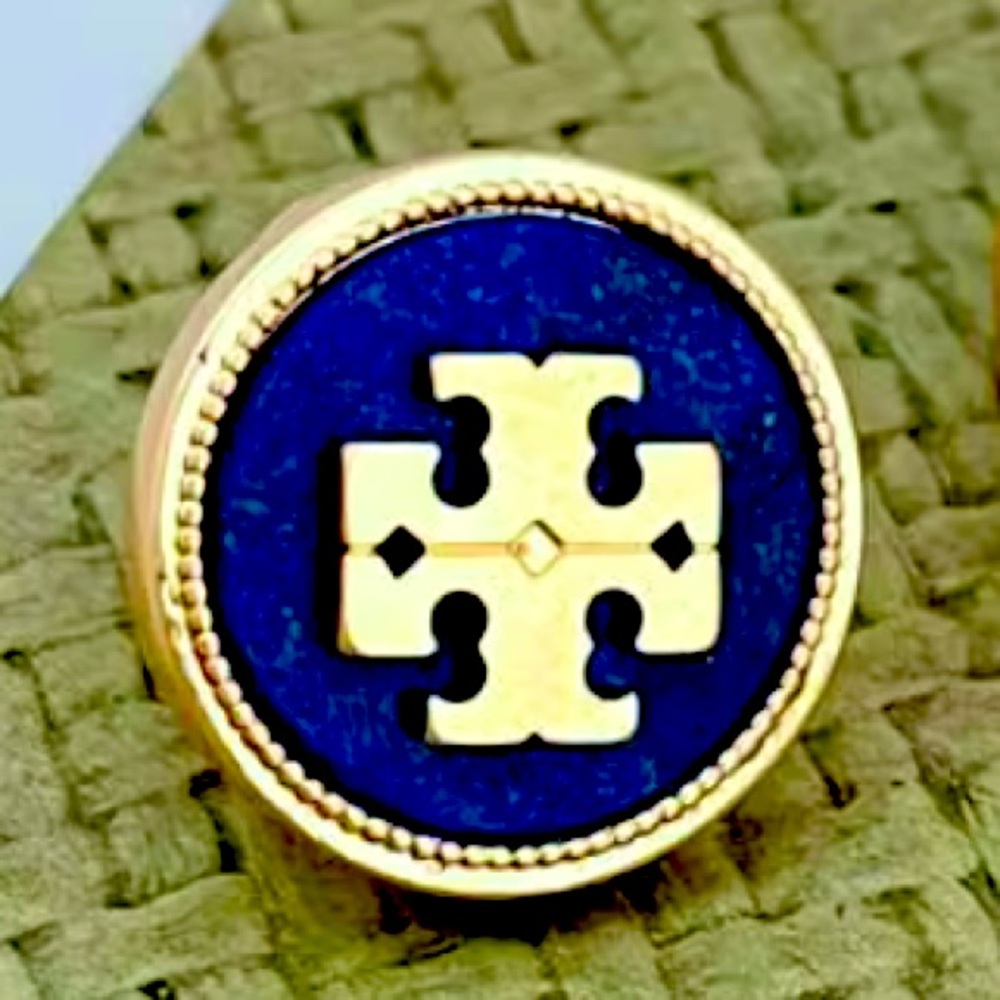 Tory Burch semiprecious lapis blue round button stud logo earrings - Picture 7 of 10